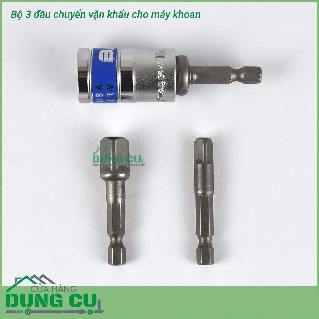 Bộ 3 đầu chuyển vặn khẩu, vặn tuýp ngắn cho máy khoan