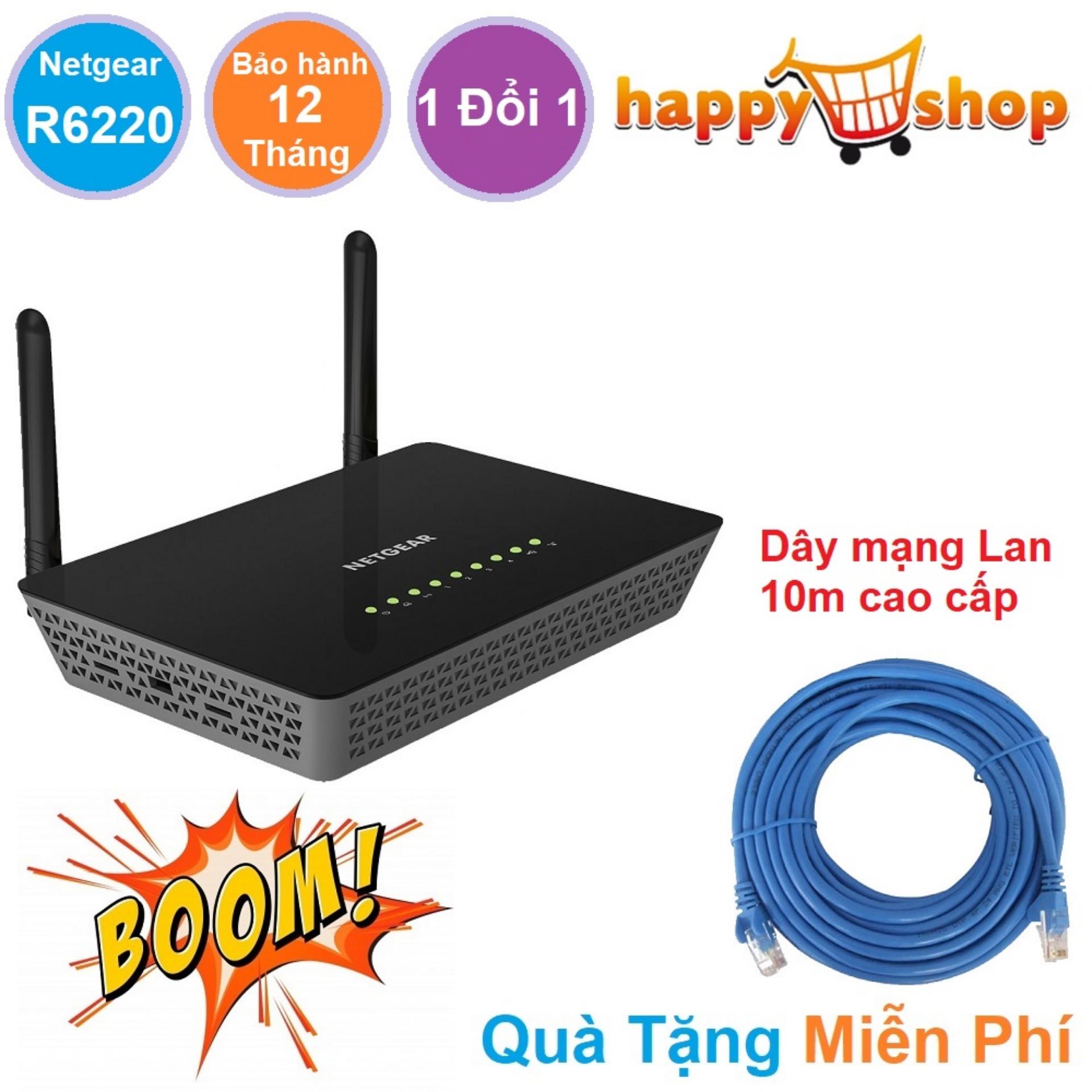 Bộ phát sóng wifi router tốc độ mạng cực cao netgear r6220 chuẩn ac 1200 mbps bảo hành 12 tháng 1 đổi 1 tặng kèm dây mạng lan chất lượng cao dài 10m