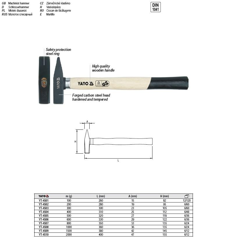 Búa đầu bằng cán gỗ 2000g YATO YT-4510