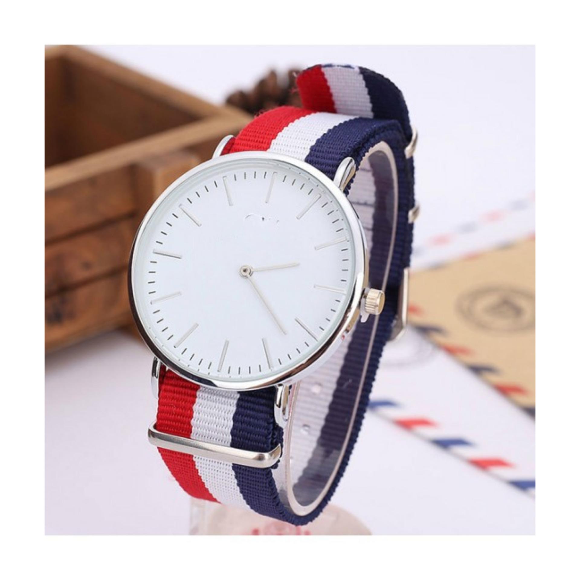 [HCM]đồng hồ dây vải 2 kim 3 sọc ( đỏ phối trắng)