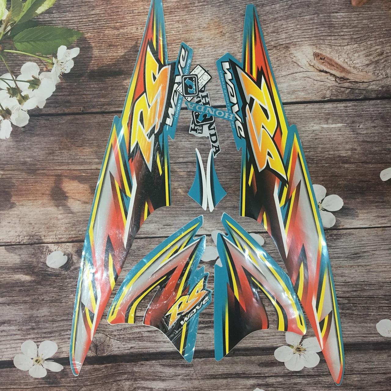 Trọn bộ tem xe WAVE RS chữ vàng nền xanh vàng cực đẹp G85-102