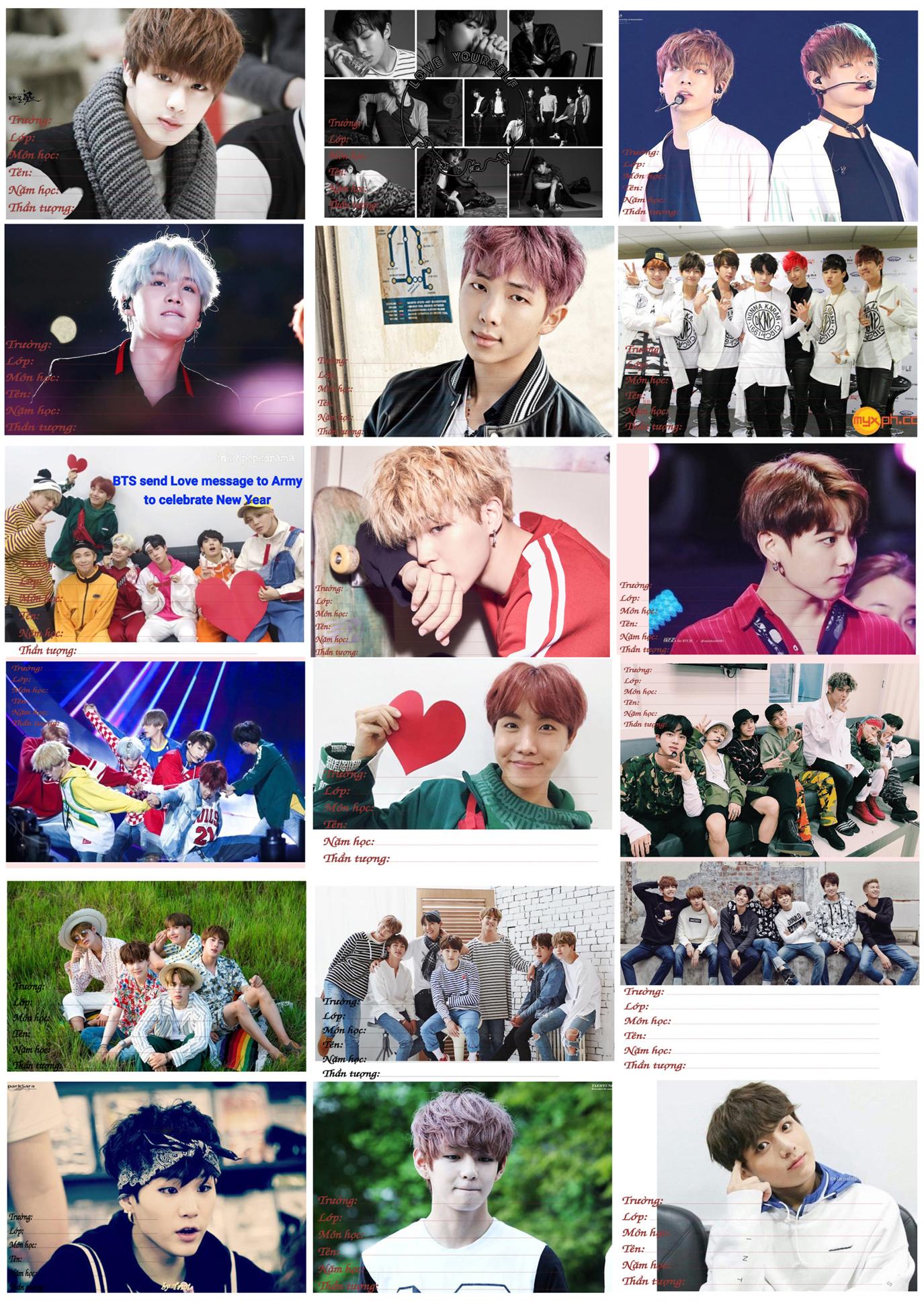 Combo 36 nhãn bts vở tặng 1 móc khóa in hình bts