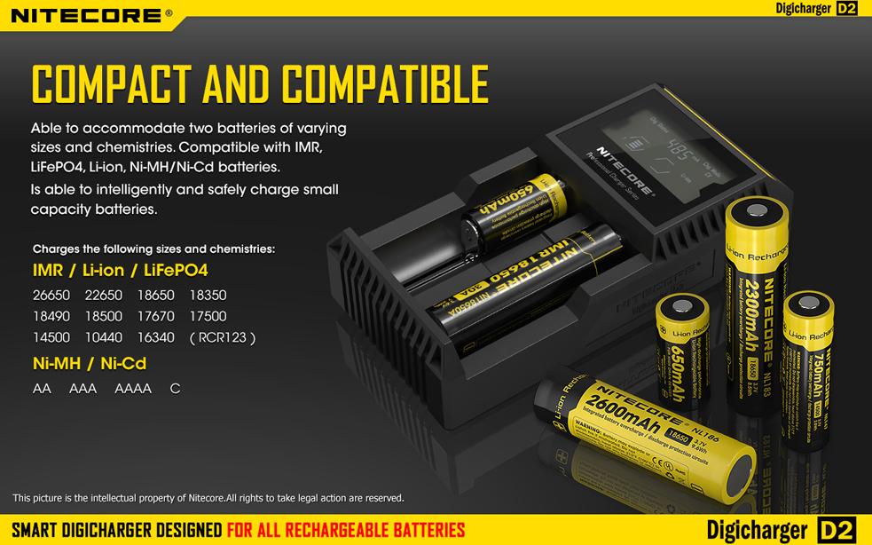 Sạc Pin Nitecore D2 cho pin 18650, 26650, AA, AAA...