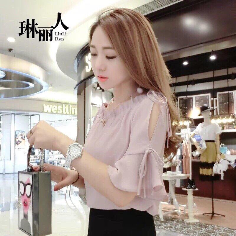 Áo sơ mi von tay lửng cổ bèo hở vai tts0046