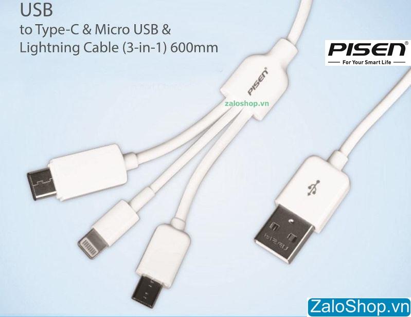 Cáp sạc đa năng 3 trong 1 Pisen Type C, MicroUsb, Lightning