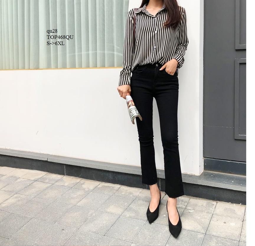 Top468qu áo sơ mi nữ kẻ sọc dài tay