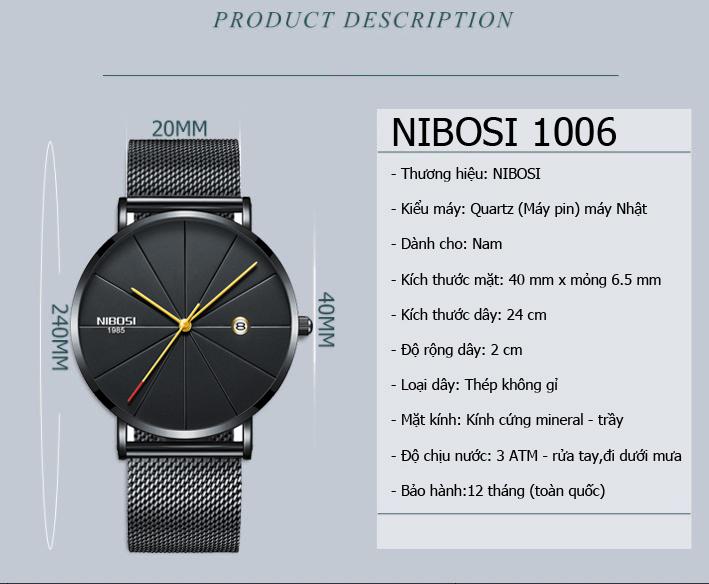 Đồng hồ nam Nibosi D06 mặt mỏng dây Titanium cao cấp