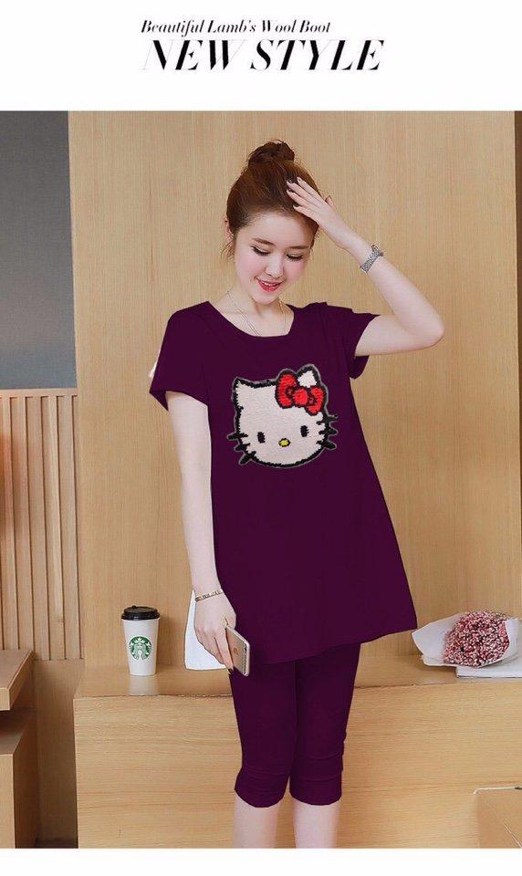 [HCM]ĐỒ BỘ MẶC NHÀ - ĐỒ BỘ THUN COTTON 100% LỬNG THÊU KITTY KIM SA CAO CẤP - Y HÌNH