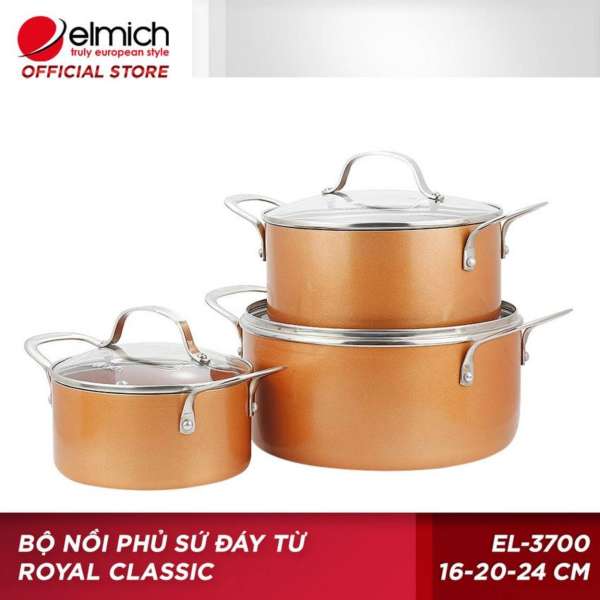 Bộ nồi phủ sứ đáy từ Elmich Royal Classic EL-3700 (16 - 20 - 24 cm)  (Vàng đồng)