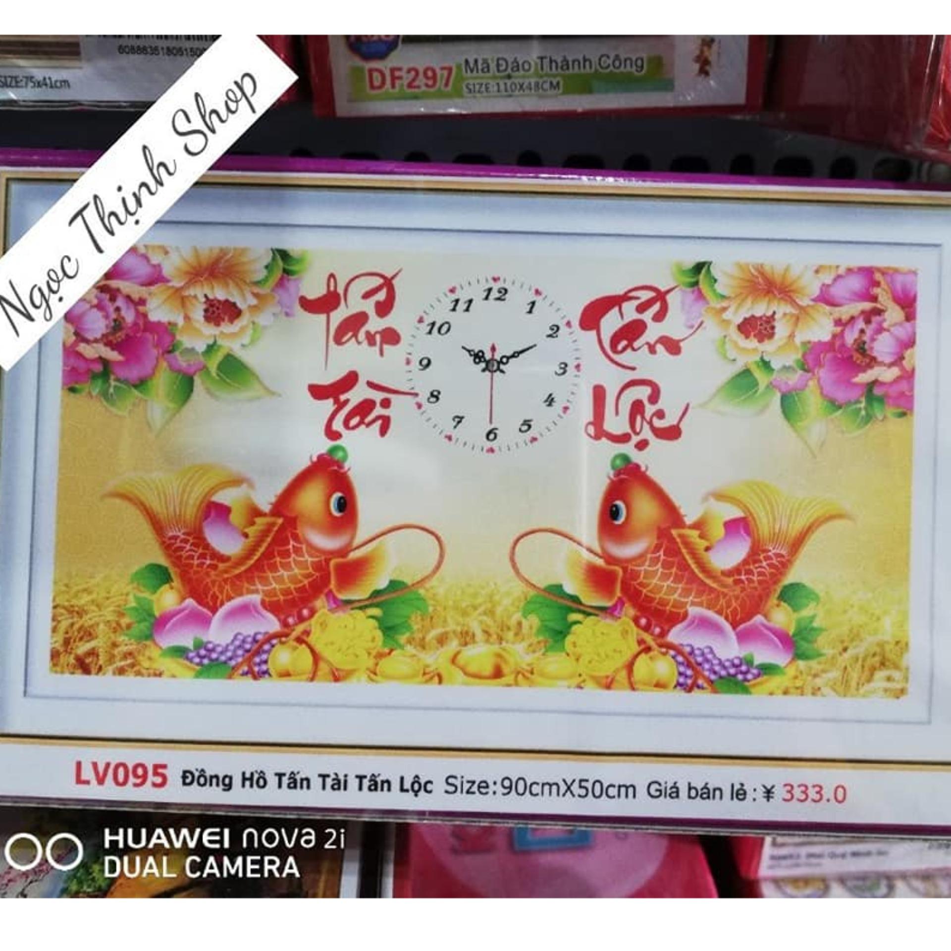 TRANH ĐÍNH ĐÁ ĐỒNG HỒ TẤN TÀI TẤN LỘC CÁ CHÉP -LV095-KÍCH THƯỚC -90X50CM