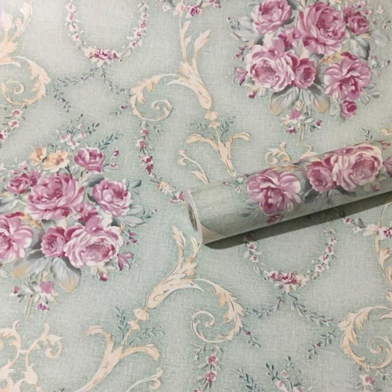 Giấy dán tường hoa văn cổ điển xanh ( cuộn dài 10m khổ rộng 45cm, có sẵn keo)