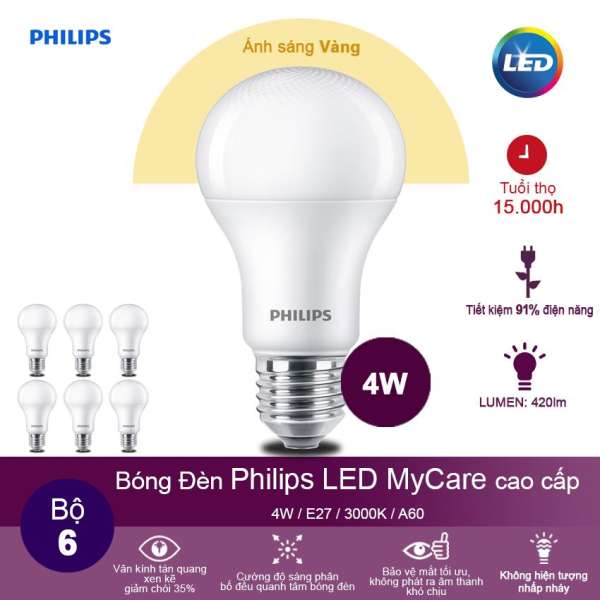 Bộ 6 Bóng đèn Philips LED MyCare 4W 3000K E27 A60 - Ánh sáng vàng