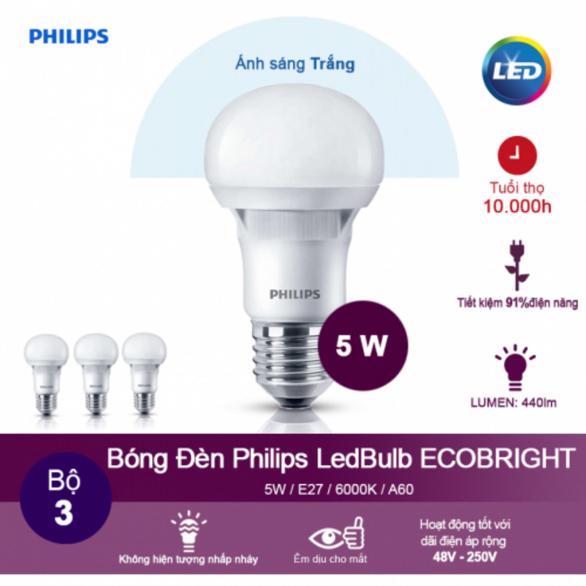 Bộ 3 bóng đèn Philips Ecobright LEDBulb 5-60W E27 6500K A60 (Ánh sáng trắng)
