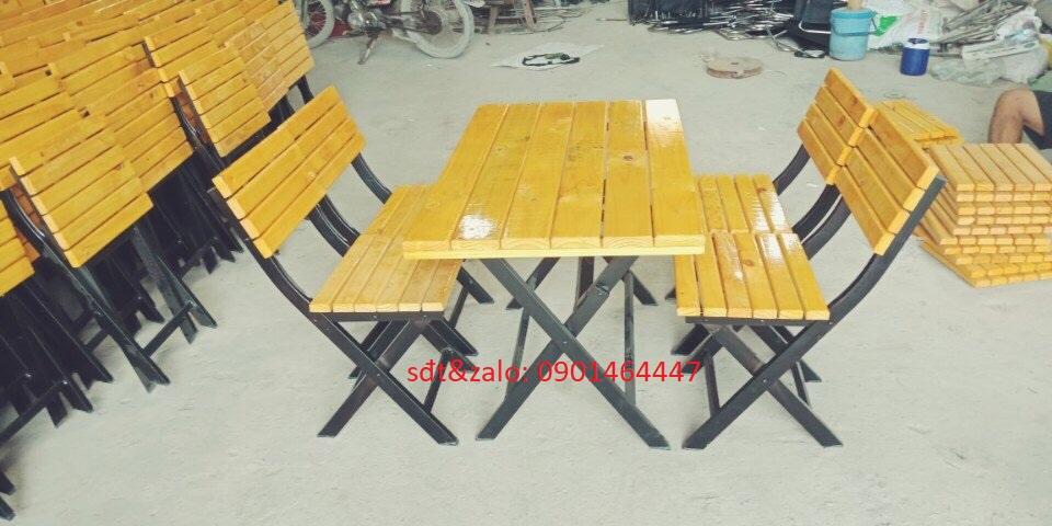Bộ bàn ghế gỗ khung sắt, bàn ghế xếp, bàn ghế quán nhậu