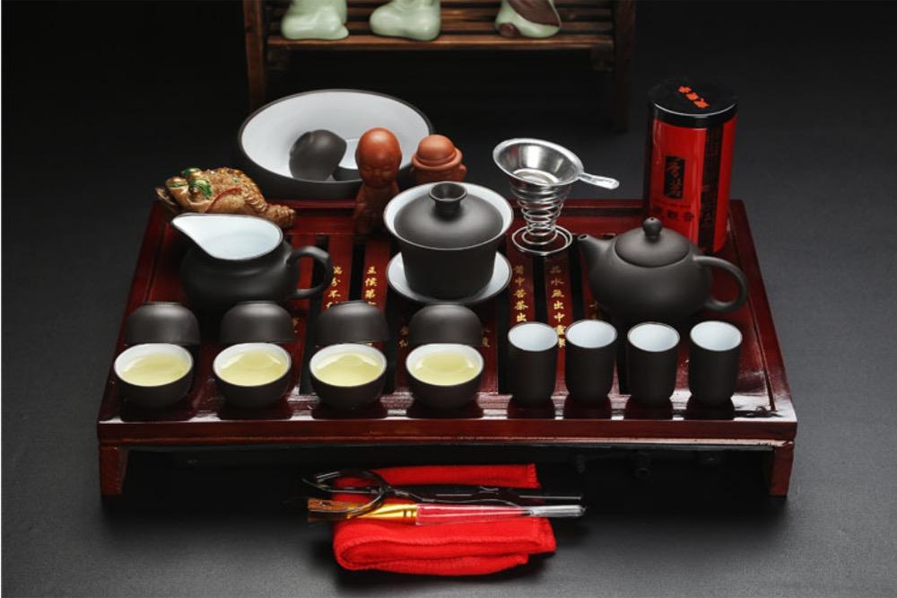 Bộ ấm trà Nhật Bản bằng sứ cổ khay gỗ cao cấp
