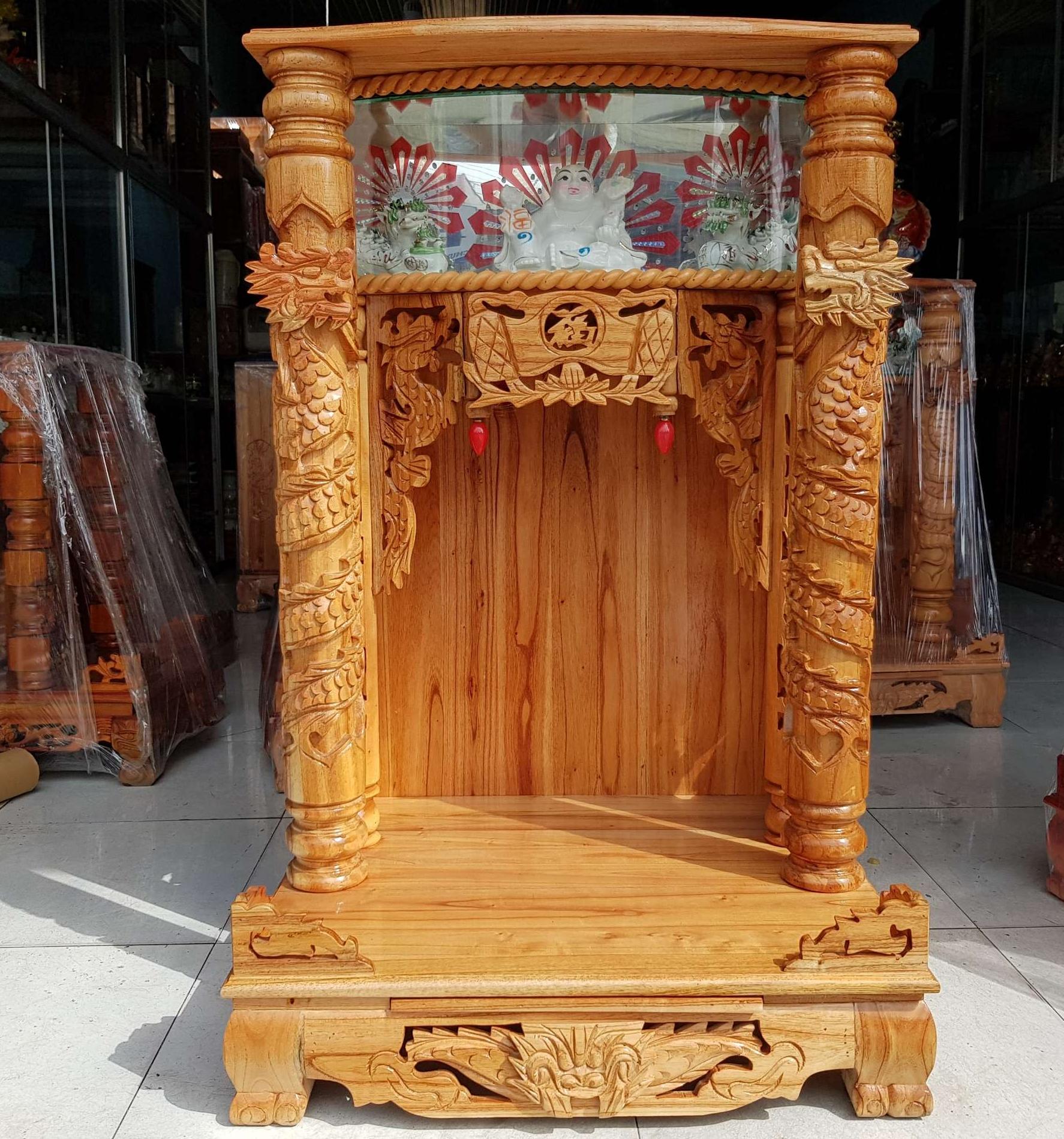 Bàn thờ thần tài ông địa gỗ xoan ngang 56 cm quỳ trụ điện tử