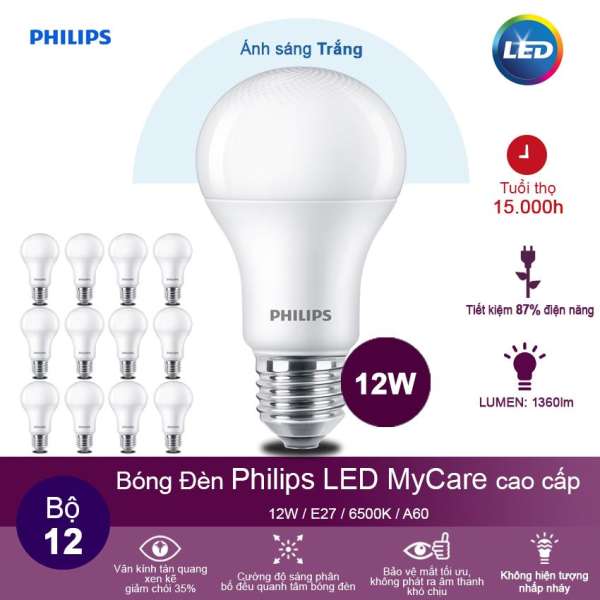 Bộ 12 Bóng đèn Philips LED MyCare 12W 6500K E27 A60 - Ánh sáng trắng