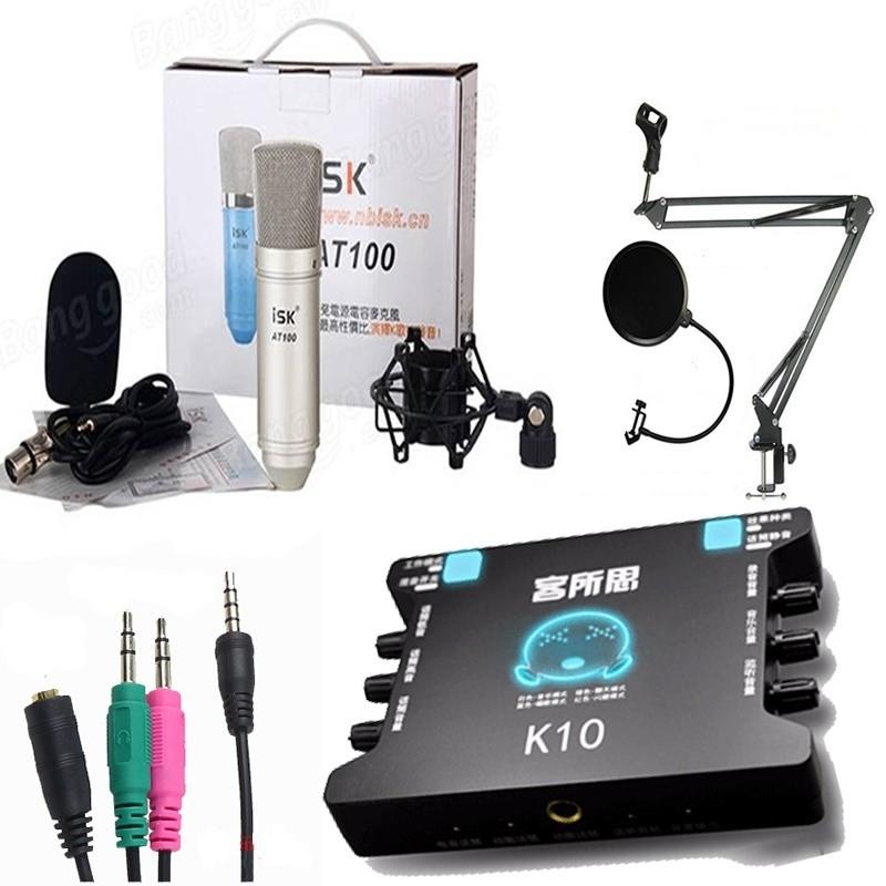 Combo bộ mic livestream hát karaoke thu âm micro isk at100 card k10 dây ma2 chân màng lọc âm