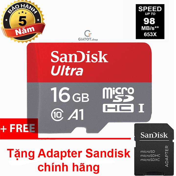 Thẻ nhớ microsd sandisk ultra class10 a1 16gb 98mb/s tặng adapter