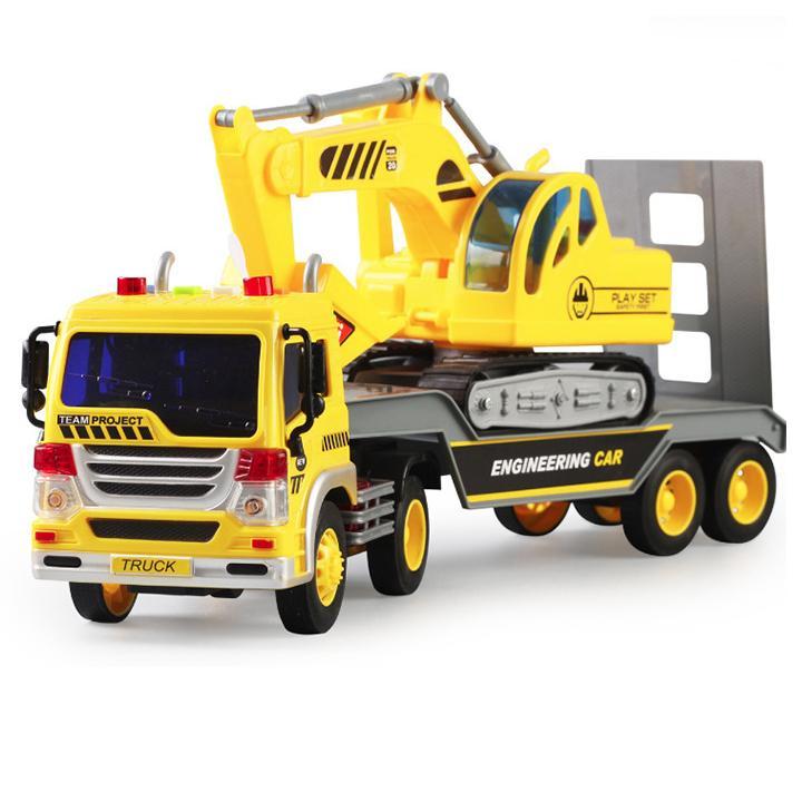 Bộ 2 xe ô tô đầu kéo và cẩu xúc đồ chơi trẻ em tỉ lệ 1:16 có âm thanh và đèn