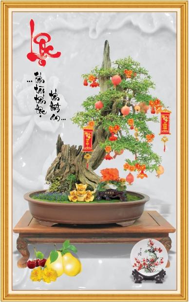 Tranh dán tường 3D VTC Bonsai Lựu chữ Lộc LUU-001 Kim sa