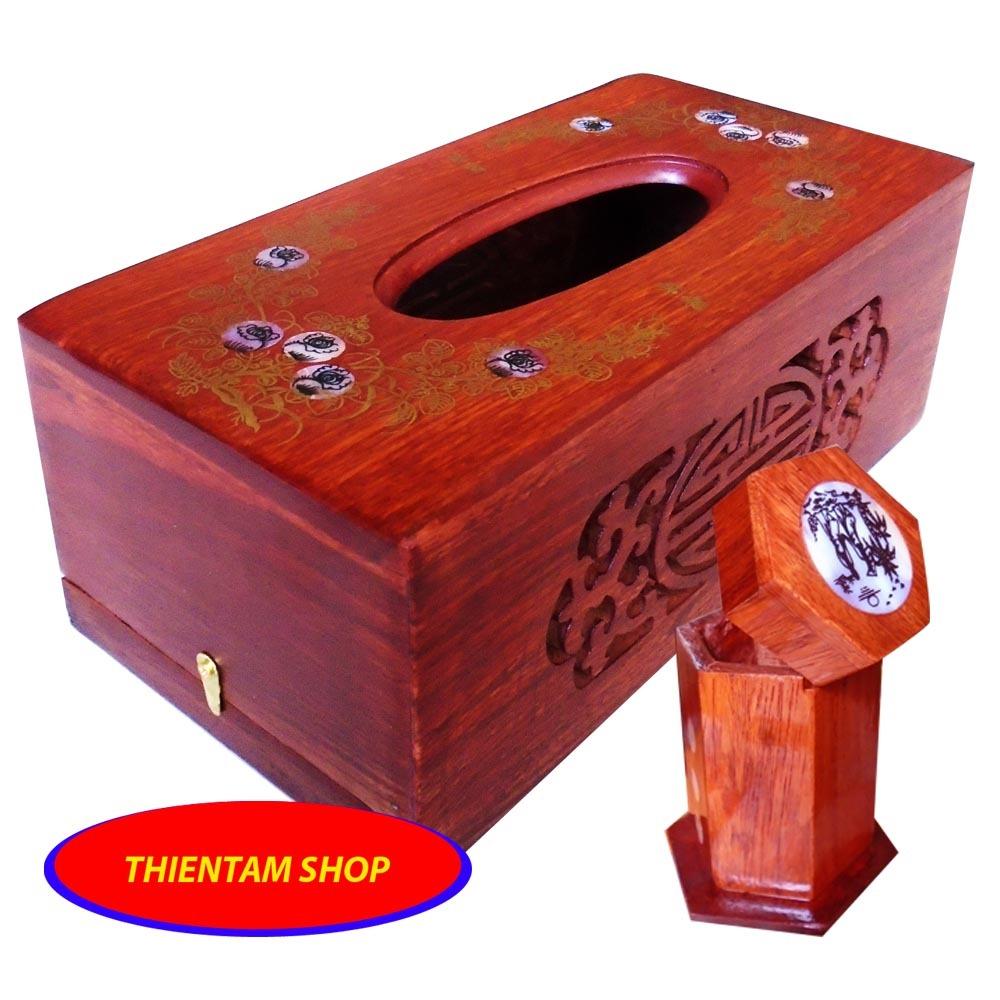 [HCM]Hộp khăn giấy ăn kèm ống tăm bằng gỗ hương thành lọng hoa văn chữ nhật COM01