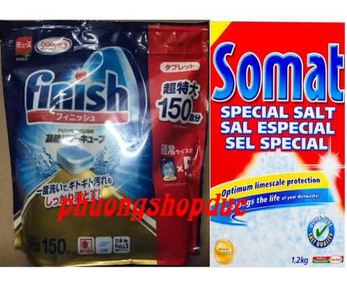 Viên rửa chén bát ly finish 150 viên nhật + muối somat 1,2kg