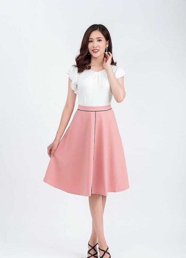 Váy xòe công sở hồng viền