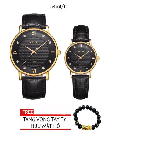 Cặp Đồng hồ nam dây da cao cấp-TẶNG 1 vòng tỳ hưu phong thủy may mắn (HL545 dây đen mặt đen)