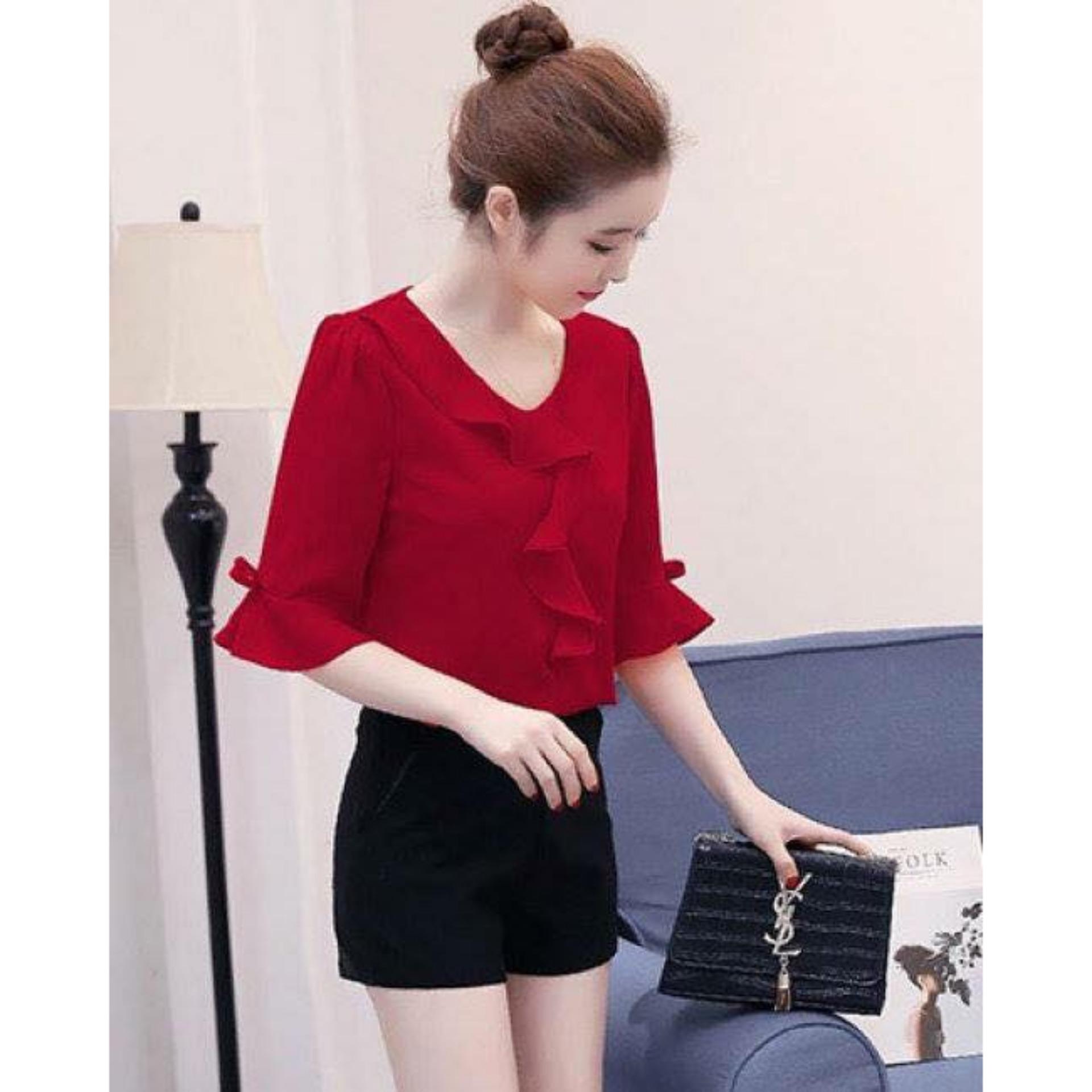 Áo thời trang cổ bèo tay loe đỏ