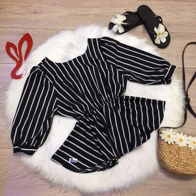 Áo Peplum Sọc Kẽ Lưng V Buộc Nơ