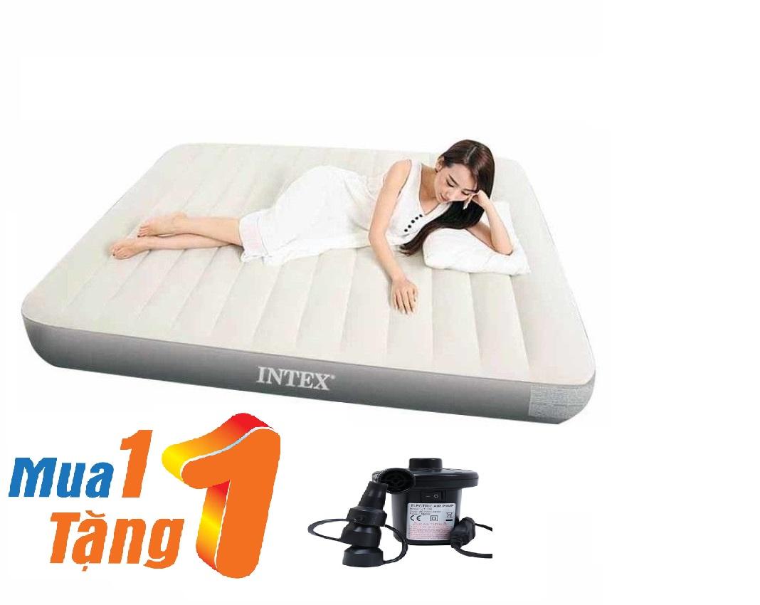 Bộ Nệm hơi đôi INTEX trắng sáng 152x203x25cm tặng bơm điện cao cấp electric, miếng vá  - 64109