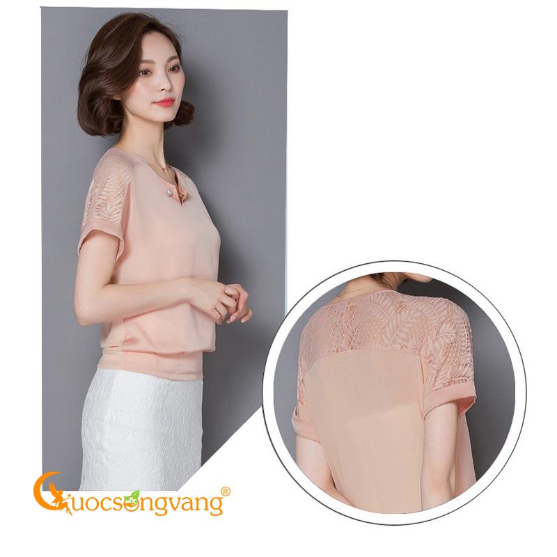 Áo lụa nữ gấu thun cổ v ngắn tay phối ren Queenbe GLA113