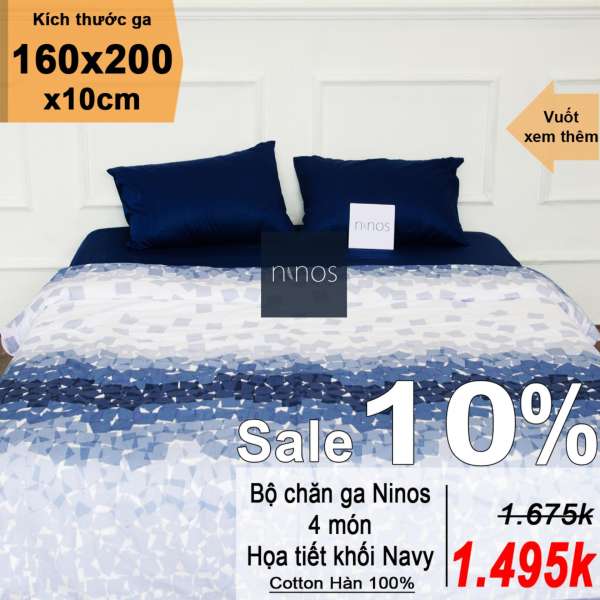 Bộ chăn ga thiết kế 160x200x10cm 4 món Ninos họa tiết Khối Navy kèm ruột