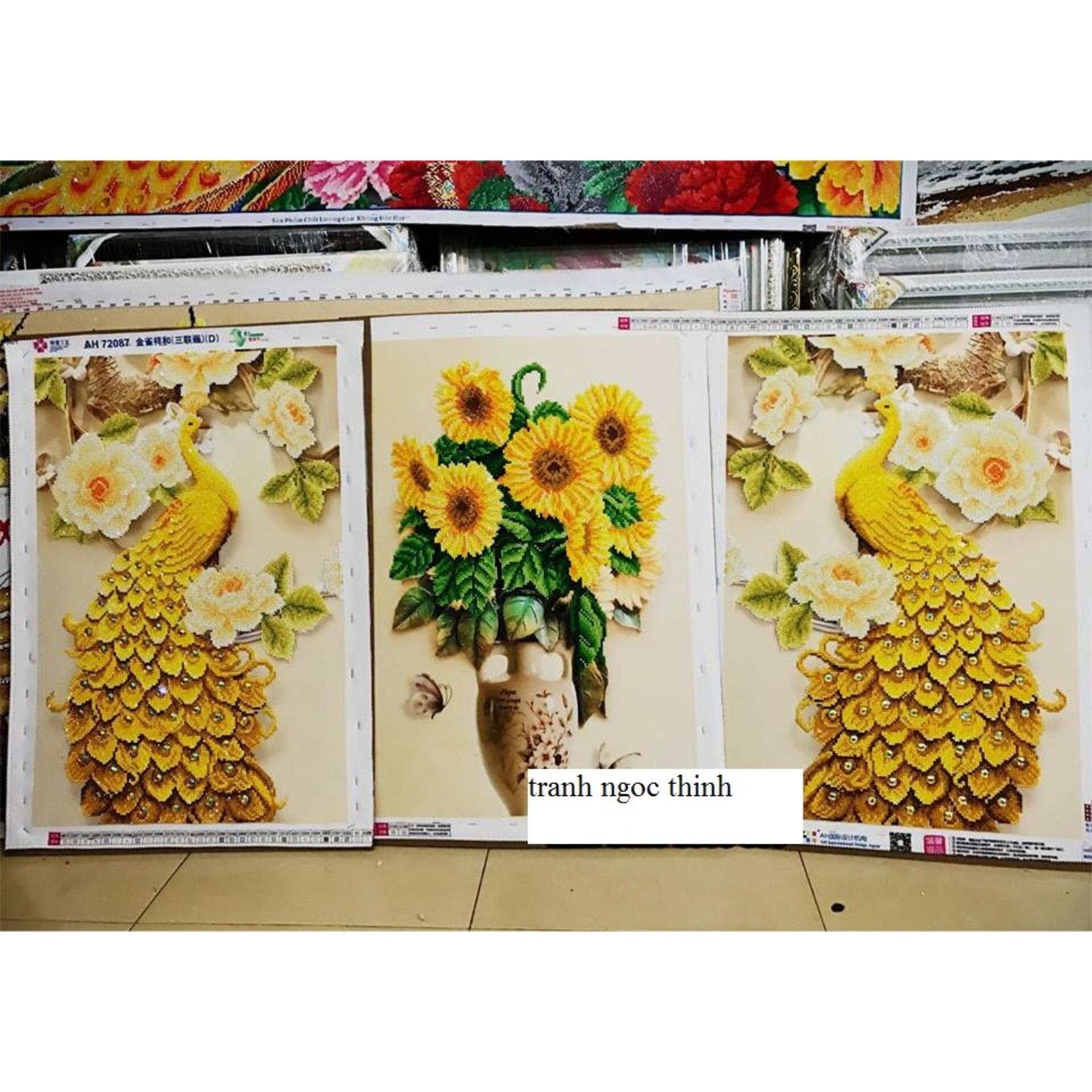 Tranh chấm hạt, đính đá, chấm đá, tranh cườm bộ 3 công vàng và hoa 72087- ngocthinhshop