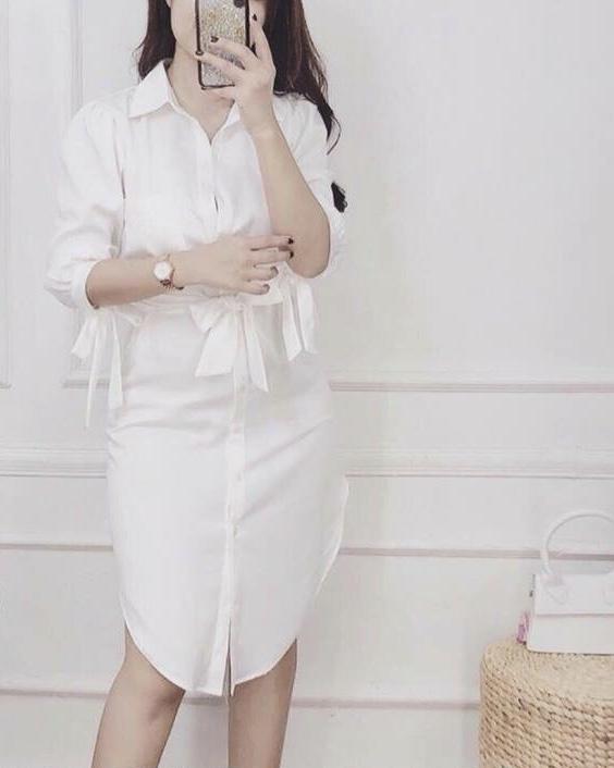 [HCM]Đầm sơ mi cột eo phi lụa mờ