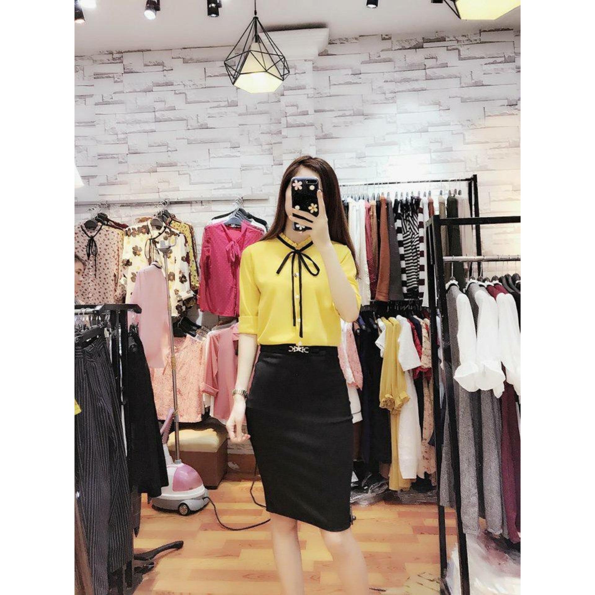 Aó tay dài cổ nhún cột nơ ruyban