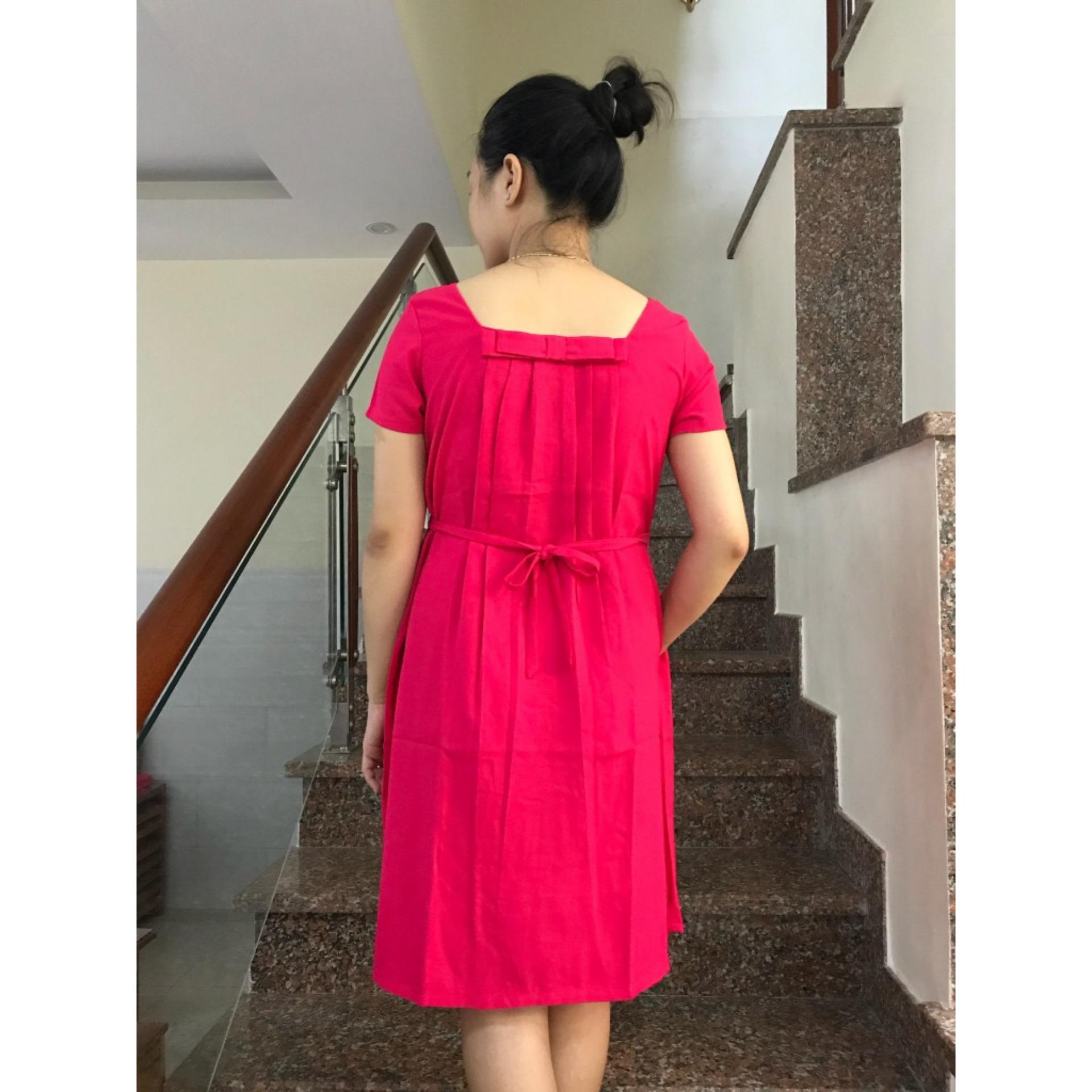 Đầm bầu cổ vuông 2 cách mặc (hồng tươi)