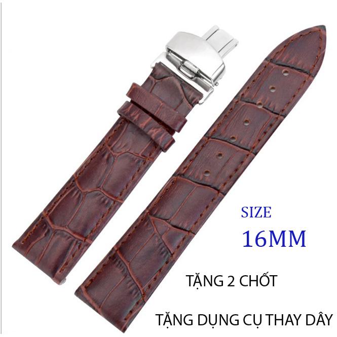 [HCM]Dây đồng hồ da bò cao cấp SIZE 16mm ( Da NÂU) kèm khóa bướm thép không gỉ 316L (Bạc)