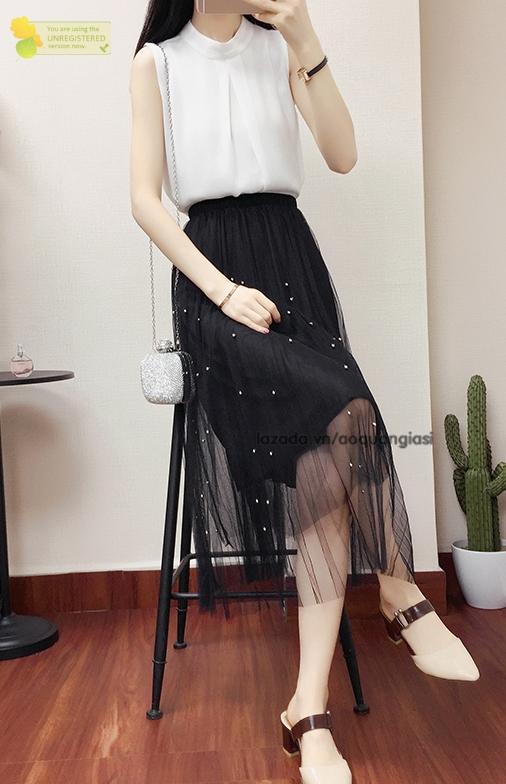 Giảm giá Set áo chân váy đẹp Halita Freesia áo sơ mi trắng nữ đính ngọc trai  phối chân váy xếp ly dài xanh mint vải lụa hàn hoạ tiết thổ cẩm 
