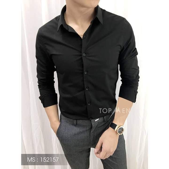 ⚡ Áo Sơ mi Nam  [ĐEN] Body Hàn Quốc , chất lụa không nhăn cực đẹp, mặc mát
