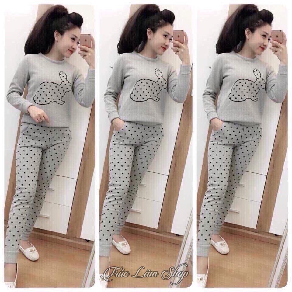 Set Bộ Thun Tay Dài Chấm Bi Hình Thỏ Dễ Thương