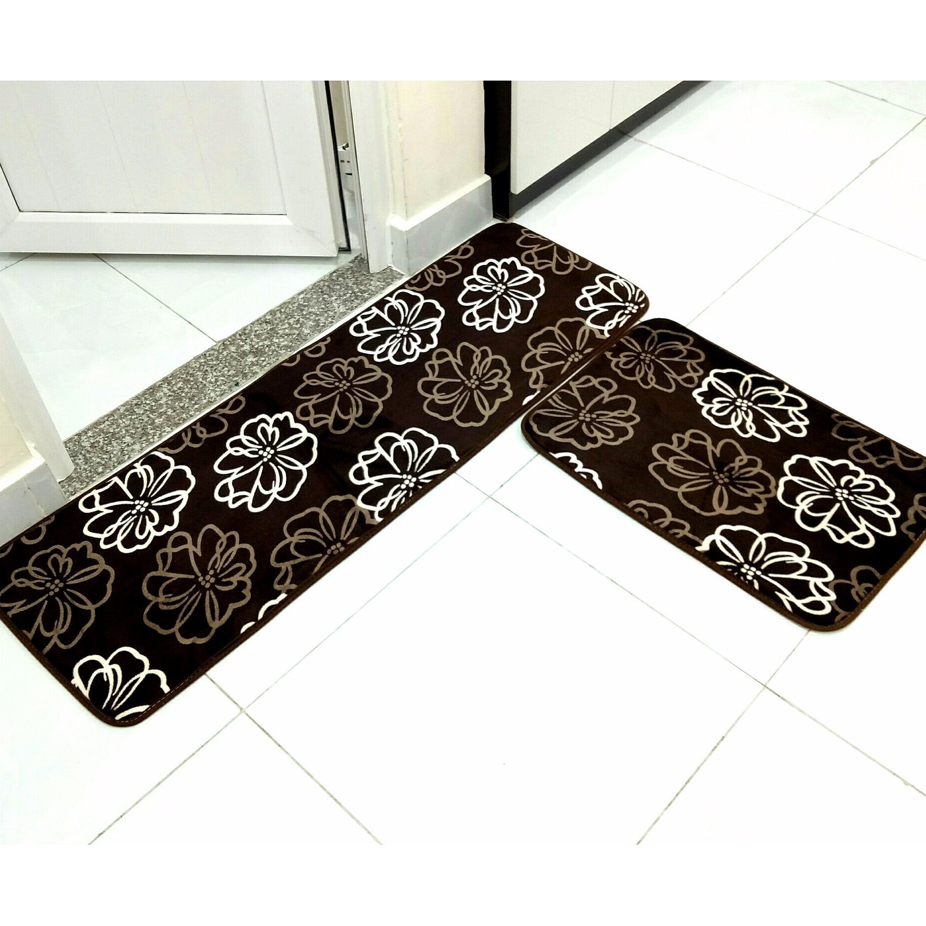 Bộ 02 thảm bếp cao cấp siêu thấm chống trơn trượt BHOME - HOA NÂU (KT 40 x 60cm và 40 x 120cm)