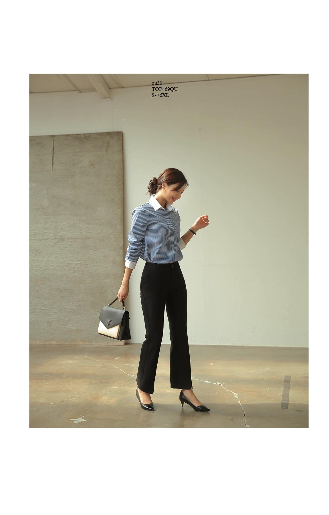 TOP469QU ÁO SƠ MI NỮ KẺ SỌC XANH
