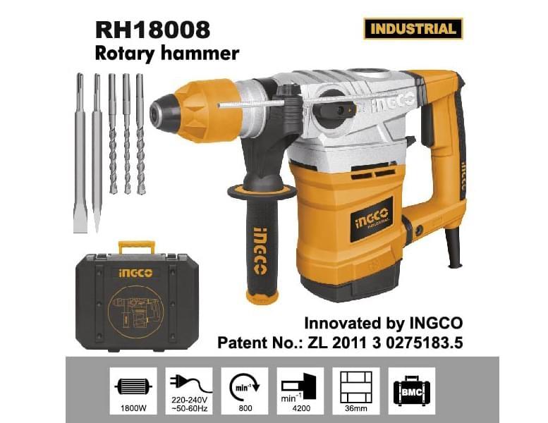 1800W-36 Máy khoan đục bê tông Ingco RH18008 (tặng kèm 3 mũi khoan gài + 2 mũi đục)