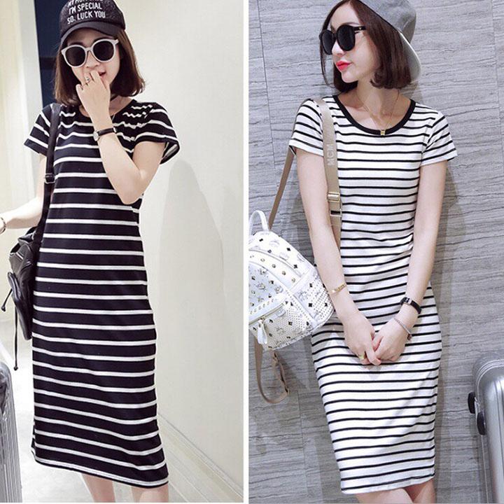 Đầm Suông Sọc Ngang Cổ Tròn