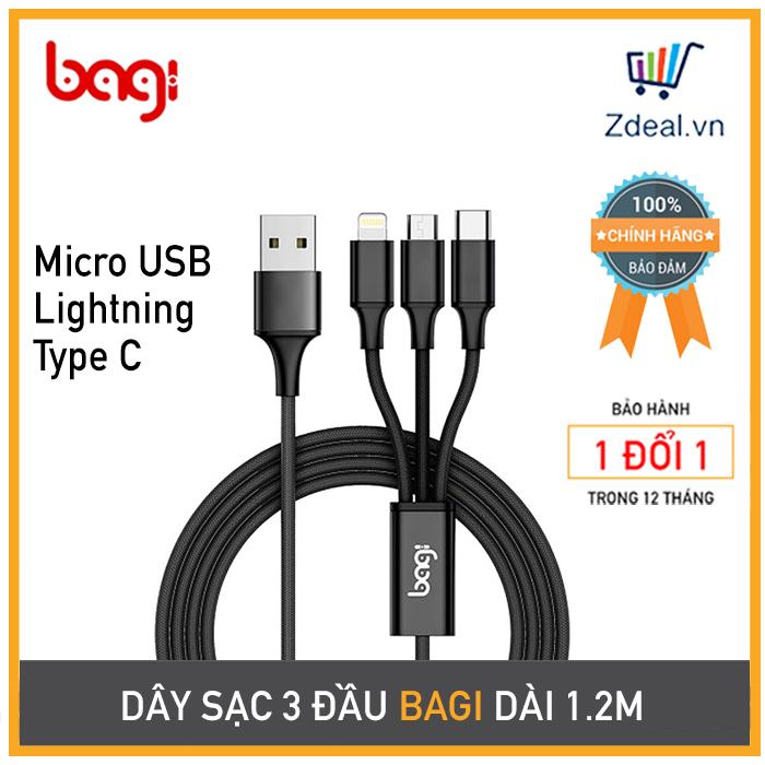 Dây sạc đa năng 3 cổng sạc Bagi CB-AS12 ( Lightning, Type-C và Micro-USB)