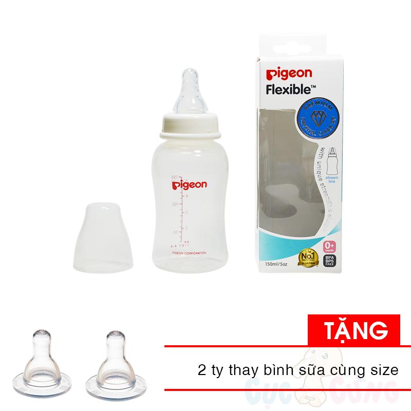 Bình sữa Pigeon Streamline 150ml (phiên bản mới) nhựa PP cổ nhỏ Tặng 2 ty cùng size