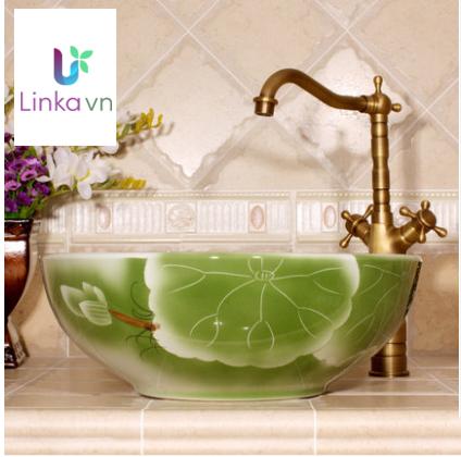 Chậu rửa lavabo gốm sứ nghệ thuật – Họa tiết sen xanh dịu mát