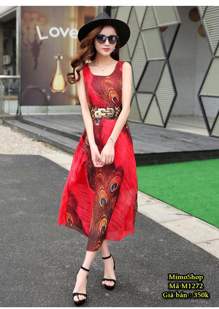 ĐẦM MAXI CHIFON HỌA TIẾT LÔNG CÔNG TẶNG KÈM ĐAI DA SP.01272